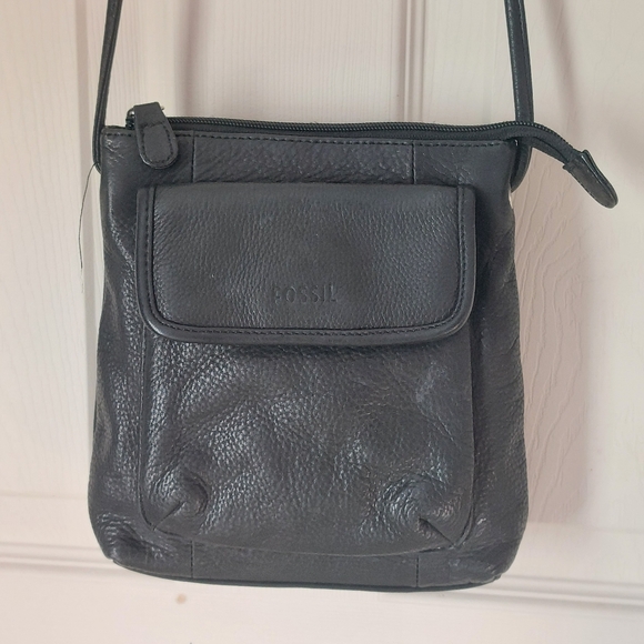 Fossil Handbags - Fossil Black Peebled Genuine Leather Crossbody Bag